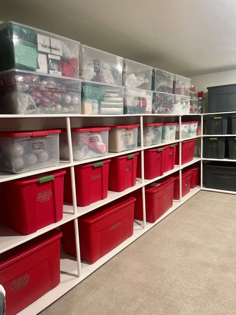 Shelves lined with clear and red storage bins holding organized holiday decorations in a clean basement or storage room.