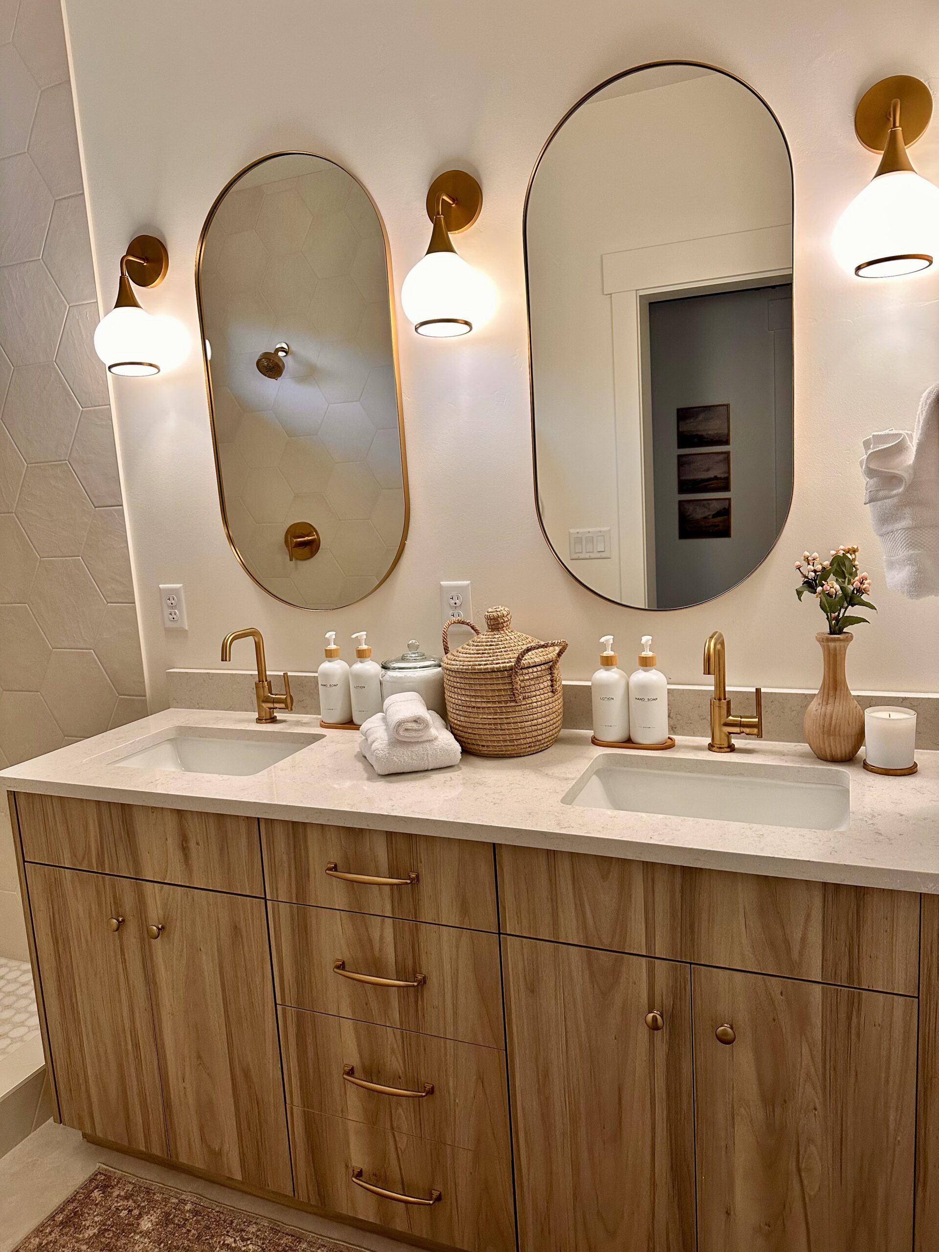 Modern double-sink bathroom vanity organization