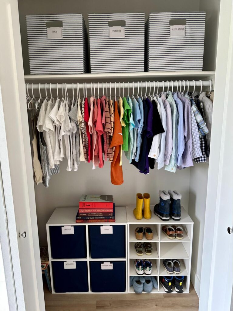 kids bedroom organization - Kids bedroom organization Kids’ closet with color-sorted clothes, labeled bins, and shoe cubbies for a simple, easy-to-maintain setup