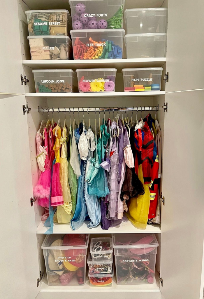 Toy rotation ideas - Kids bedroom organization Organized kids dress-up closet with princess costumes, labeled storage bins, and play accessories.