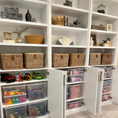 Toy rotation storage ideas with labeled bins, built-in shelves, and organized kids playroom storage system.