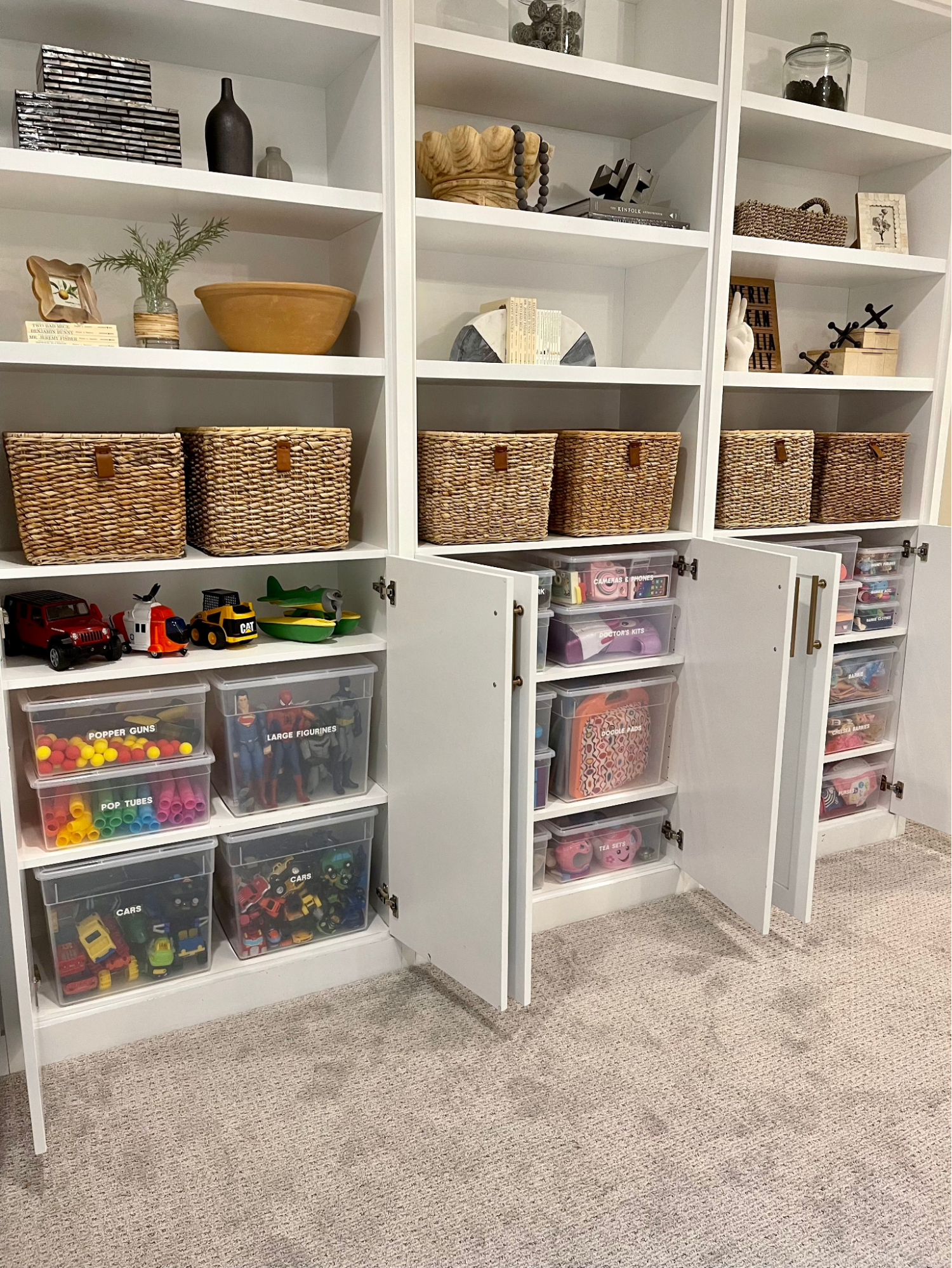 Toy rotation storage ideas with labeled bins, built-in shelves, and organized kids playroom storage system.