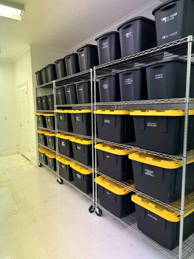 Matching labeled storage bins organized on heavy-duty wire shelving