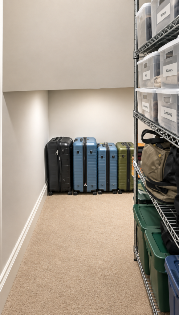 Narrow storage space with suitcases standing against the back wall and metal shelving holding household storage bins.