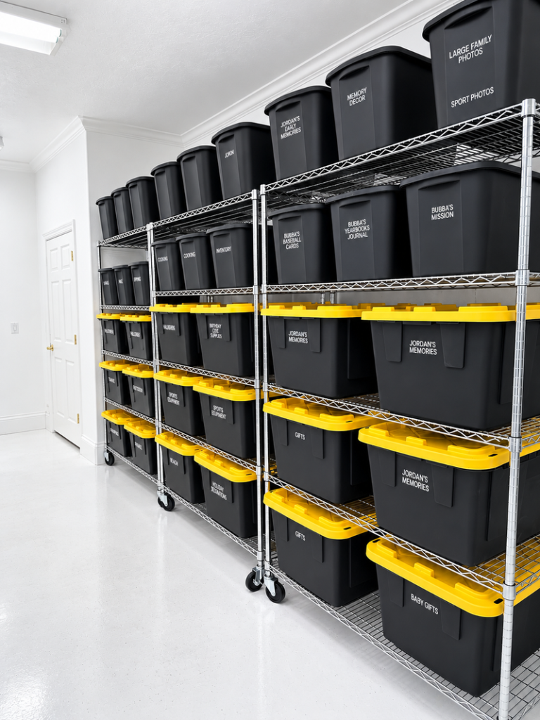 Heavy-duty metal shelving units holding black plastic storage totes with yellow lids in an organized basement.