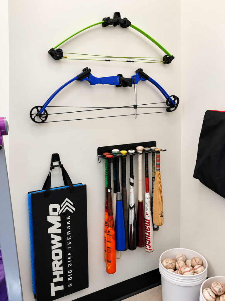 Sports equipment organized vertically on a white wall with mounted bows, baseball bats, and accessories.