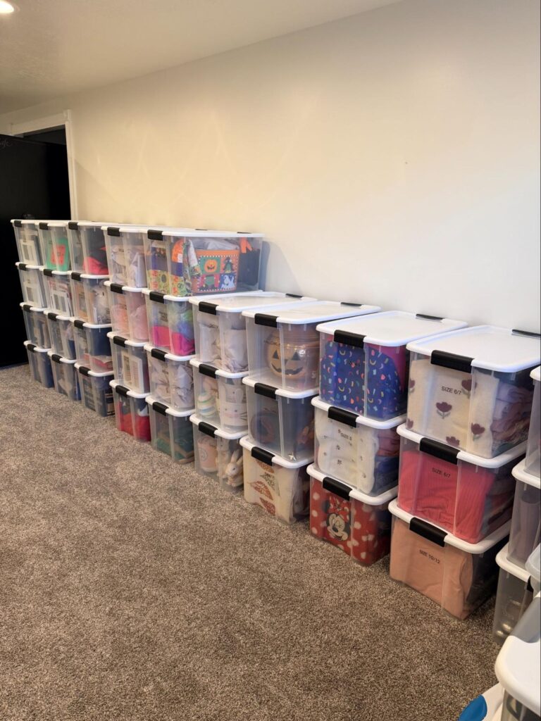 Basement storage organization with neatly stacked clear plastic bins holding children's clothing, Halloween decorations, and seasonal items.